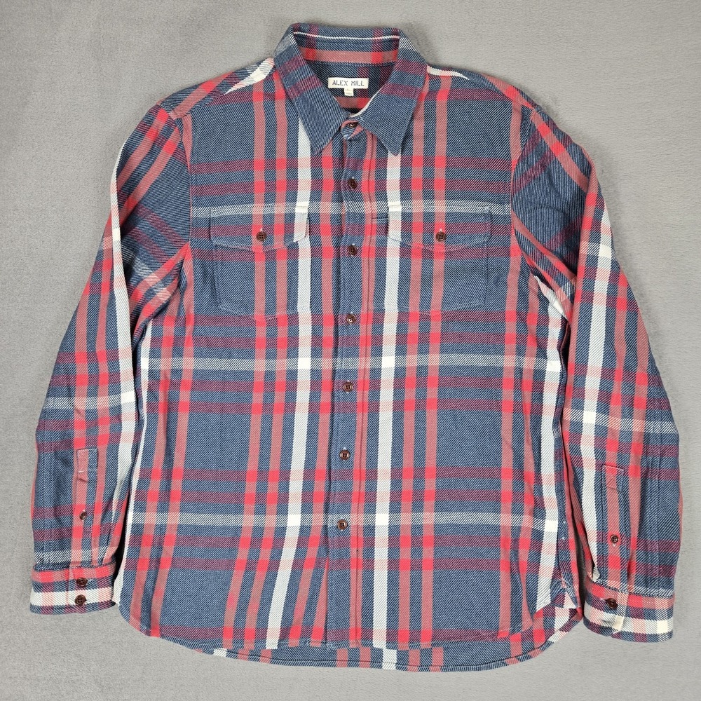 Alex Mill Shirt Men Large Red Blue Plaid Flannel Button Front Long Sleeve Cotton